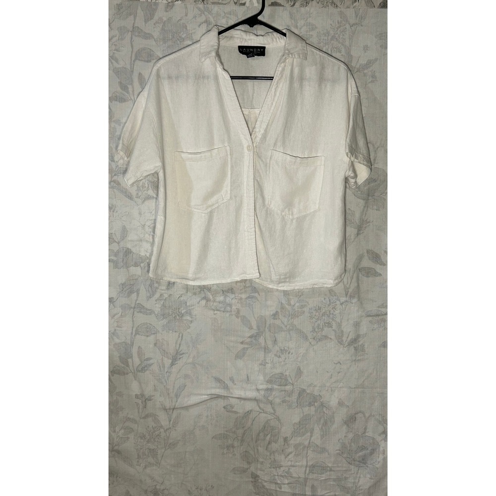 Laundry by Shelli Segal White Button Down Short Sleeve Crop Shirt Womens XS